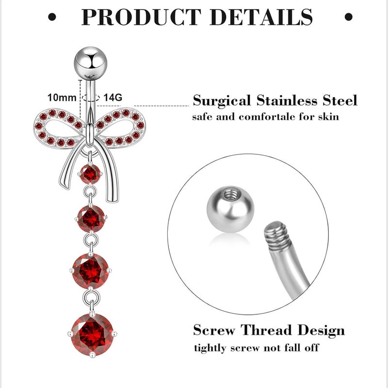 Suotarn 14G Belly Button ring Dangle Belly Rings Surgical Stainless Steel Cute Bow Butterfly Heart Flower Dangling Belly Button Piercing Jewelry For Women Silver Dainty Dangly Navel Ring - Image 2